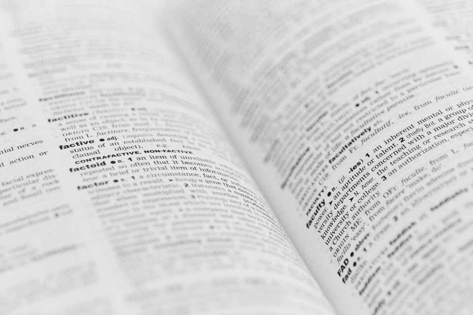 Close-up of an open dictionary showing definitions of words, symbolizing clarity and understanding of complex terms.