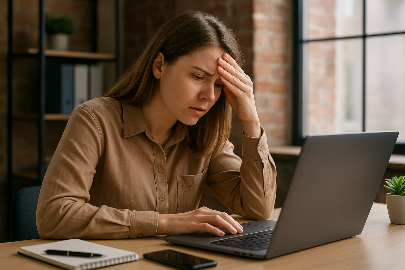 ChatGPT said: The image shows a young woman sitting at a desk in a modern office, looking stressed as she rests her hand on her forehead while staring at a laptop screen. A notebook, pen, and smartphone lie on the desk, and soft natural light comes through a large window in the background.