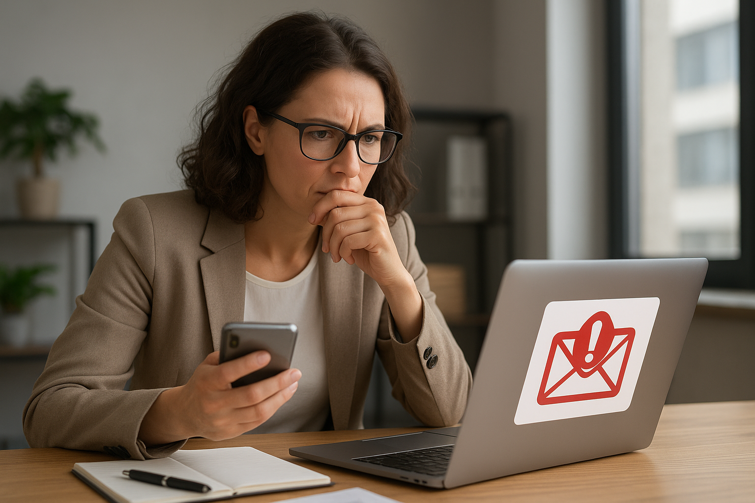 Female professional looking at her laptop screen and showing concern.